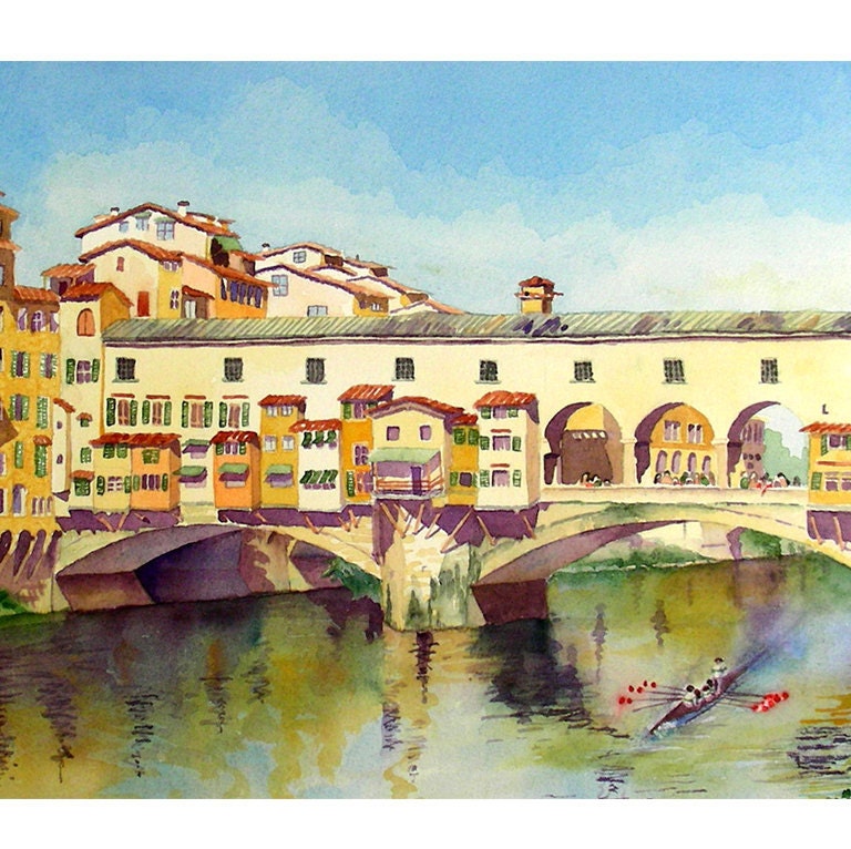 Italian Landscape Art Watercolor Painting Print - Bridge Ponte Vecchio - Landscape Florence Italy Art - River Painting - Men Women - Travel