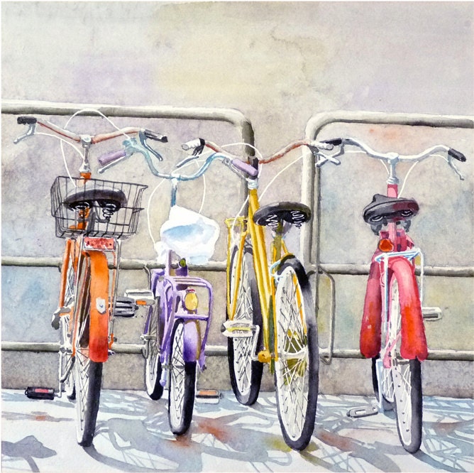Bicycle Art  - Watercolor Painting Print -  Home Decor - Men Women - Florence Italy Travel Bikes Italy Home Decor Wall Decor  Office