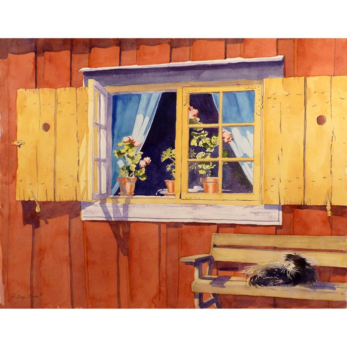 Red Barn Art Painting  Watercolor Print A Window with Yellow Shutters in Sweden in Summer :Fathers Day Men Women 10.5 x 13.5 Price Under 30