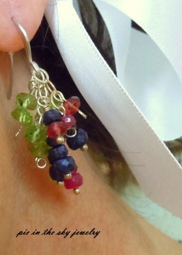 Sapphires, rubies, peridot and sterling silver earrings