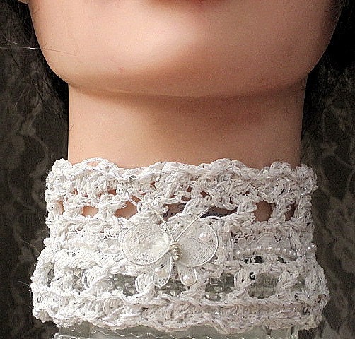 Pearl and Sequins Lacy White Crochet Choker With Butterfly,For Wedding and Garden Parties Handmade on Etsy