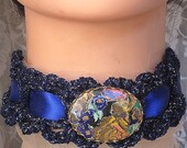 Crochet Choker Art Nouveau Style With Brillant Blue Yarn and Ribbon and Centerpiece.