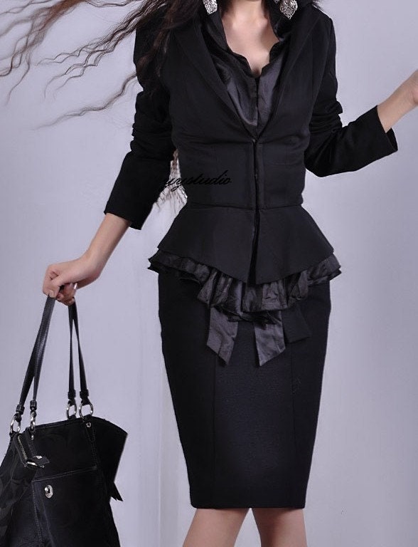 2 Black Virgin Wool Pure Silk Satin Tiered Ruffles Office Suit Blazer Pencil Skirt
