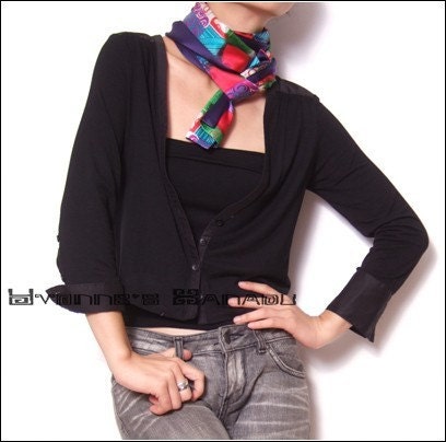 Black Jersey Cotton Knit Long Sleeve Blouse Cardigan and Strapless Top camisole