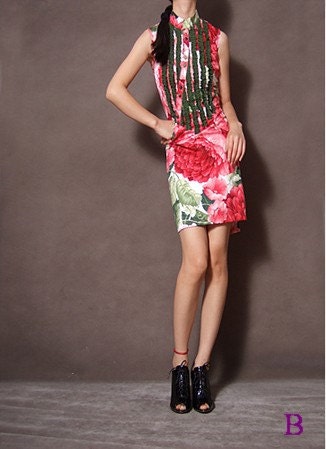 Red White Green Floral Cotton Flounce Ruffles Sleeveless Mini Dress Cheong-sam Qipao FREE SHIPPING International