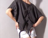 Grey Cotton Short Sleeves Casual Loose Blouse