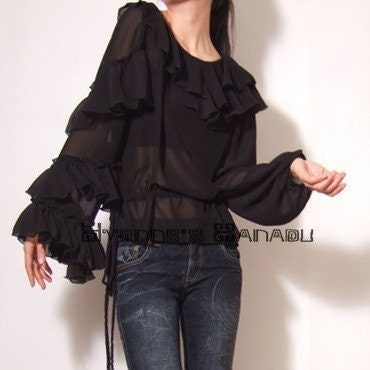 Black Sheer Chiffon Asymmetric Ruffles Long Sleeves Romantic Blouse