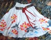 Handpainted Red Pink Lotus White Silk Cotton Wrap Long Full Skirt Gift Idea Hepburn