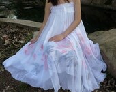 Handpainted Red Pink Lotus White Cotton Silk Chiffon Wrap Long Full Skirt Dress FREE SHIPPING International