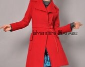 Scarlet Red Pure Camel Wool Long Sleeved Fashion Winter Trench Coat