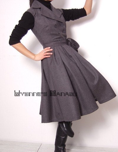 Elegant Grey Virgin Wool Double Breasted Full Pleated 50s Victorian Dress Free Shipping International
