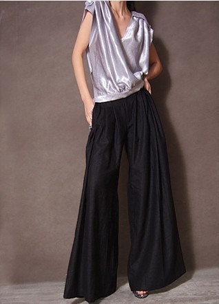 Black Linen Wide Leg Straight Pants Funky Bell Bottom Trousers