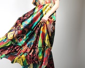 Red Green Yellow Floral Graphic Stretchy Pure Silk Satin Maxi Dress V-neck Ruffle Evening Formal Prom