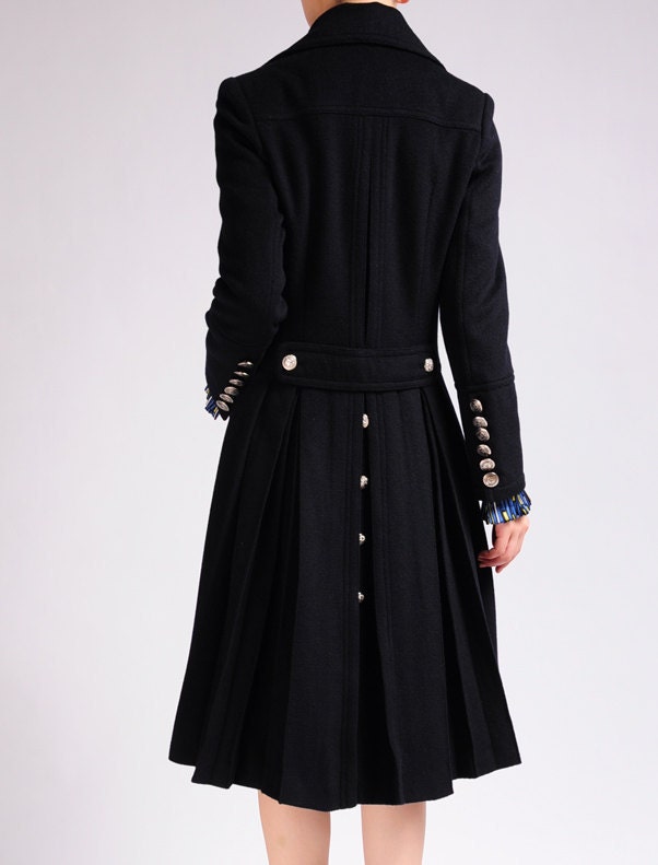 Black Wool Cashmere Blended Double Breasted Long Sleeved Swing Skirt Buttons Fashion Winter Trench Coat