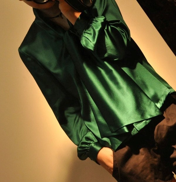 Emerald Green Heavy Weight Pure Silk Satin Long Balloon Sleeves Neck Ribbon Shirt
