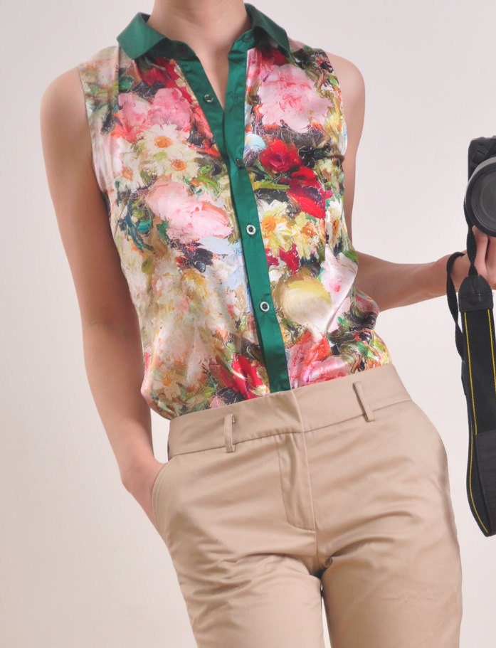 White Green Pink Red Pure Silk Satin Polo Collar Sleeveless Shirt Blouse