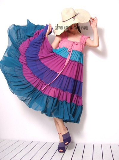 Pink Blue Purple Long Chiffon Tiered Full Pleated Skirt Sleeveless Summer Dress