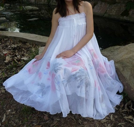 Handpainted Red Pink Lotus White Cotton Silk Chiffon Wrap Long Full Skirt Dress FREE SHIPPING International
