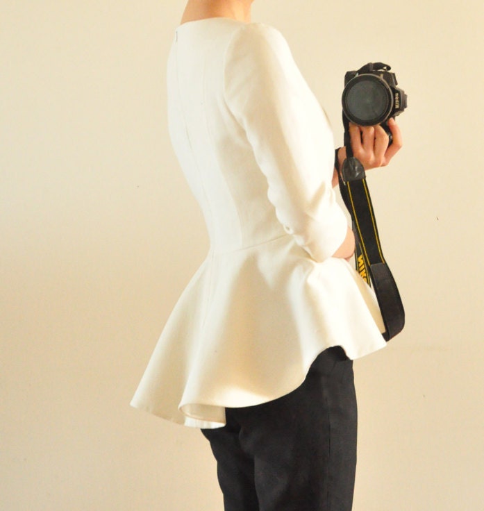 White Virgin Wool 3/4 Sleeves Peplum Flared Hem Winter Victotrian Lady Suit Top