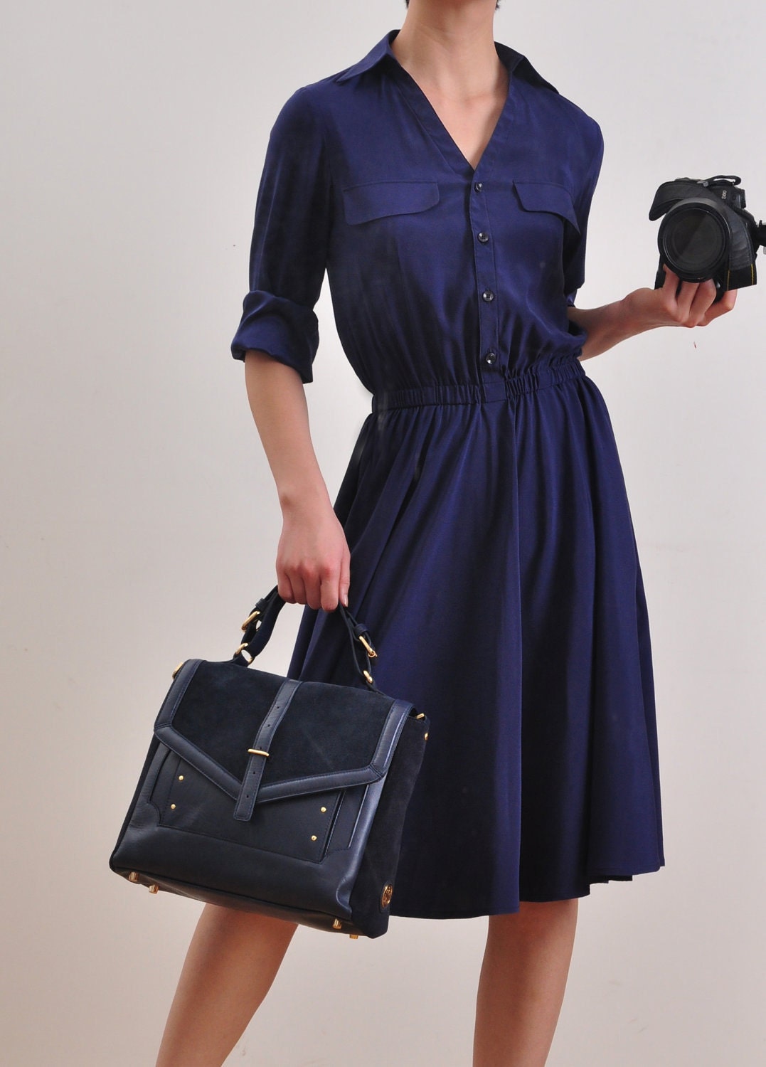 Navy Blue Heavy Weight Pure Stretch Silk Satin V Neck Full Pleated Shirt Dress