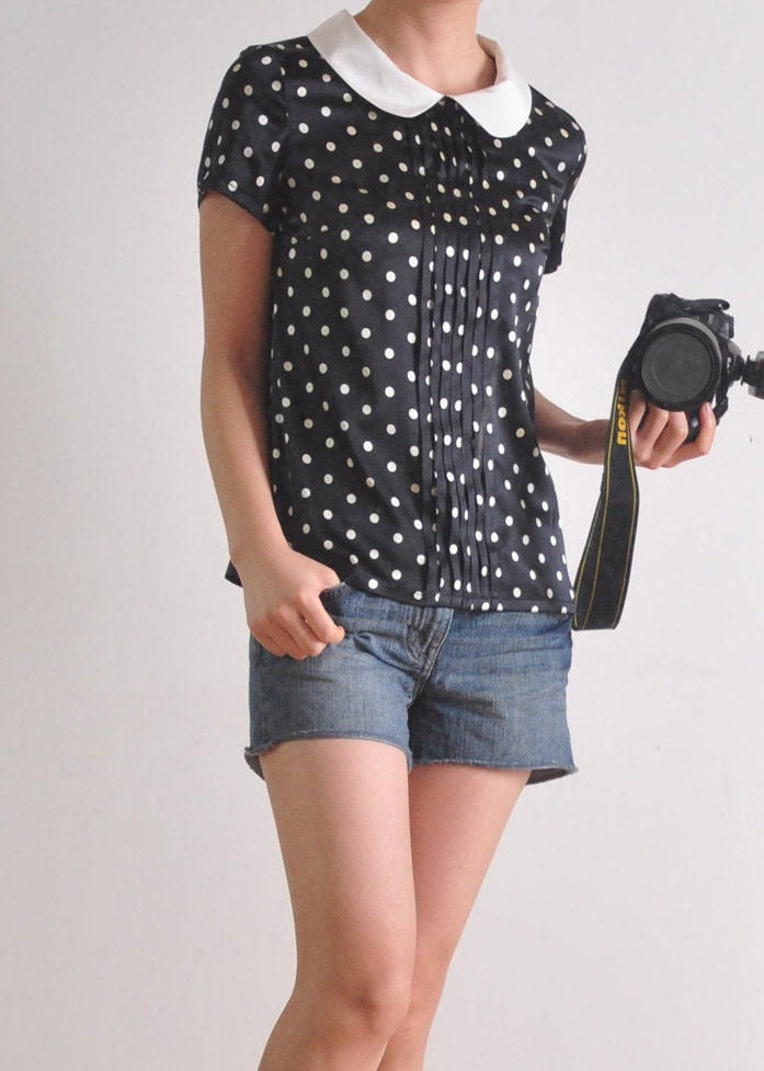 Black White Polka Dots Silk Petterpan Collar 3/4 Balloon Short Sleeves Blouse