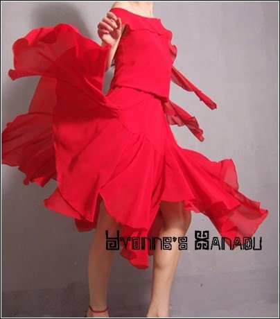Red One Shoulder Ruffles Ribbon Asymmetric Chiffon Full Prom Cocktail Dress FREE SHIPPING International