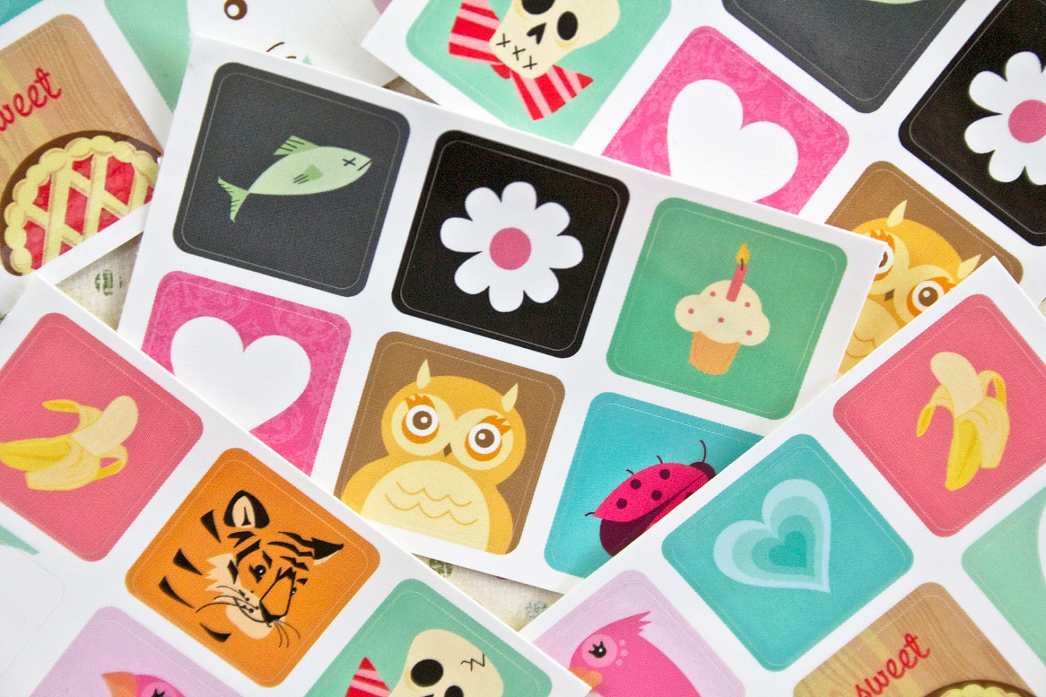 Sticker Set - 30 fun stickers - Owl, Bunny, Skull, Tiger