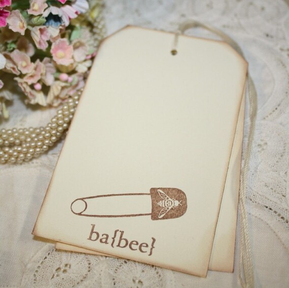 Baby Shower Wish Tree Tags - Vintage Bee Diaper Pin - Set of 12