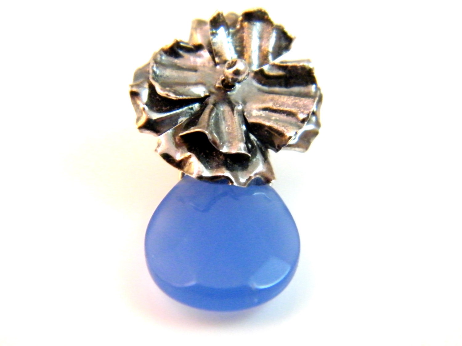 glowing blue faceted chalcedony rosette earrings bright blue and  flowers