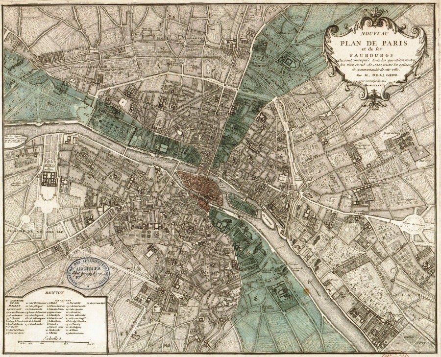 Antique Paris Map "Plan de Paris" - Victorian French Vintage Map Engraved - Elegant Grey Green Map