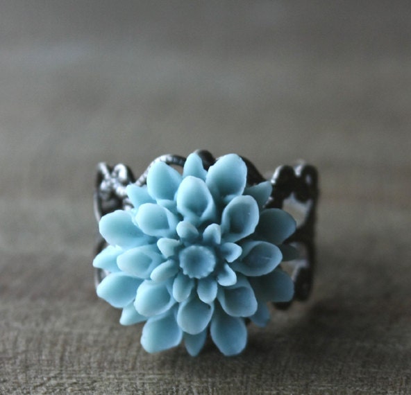 Summer Sky - Flower Ring, Adjustable, Blue Dahlia Blossom, Antiqued Silver Filigree