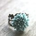 Summer Sky - Flower Ring, Adjustable, Blue Dahlia Blossom, Antiqued Silver Filigree