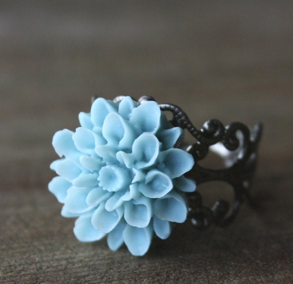 Summer Sky - Flower Ring, Adjustable, Blue Dahlia Blossom, Antiqued Silver Filigree