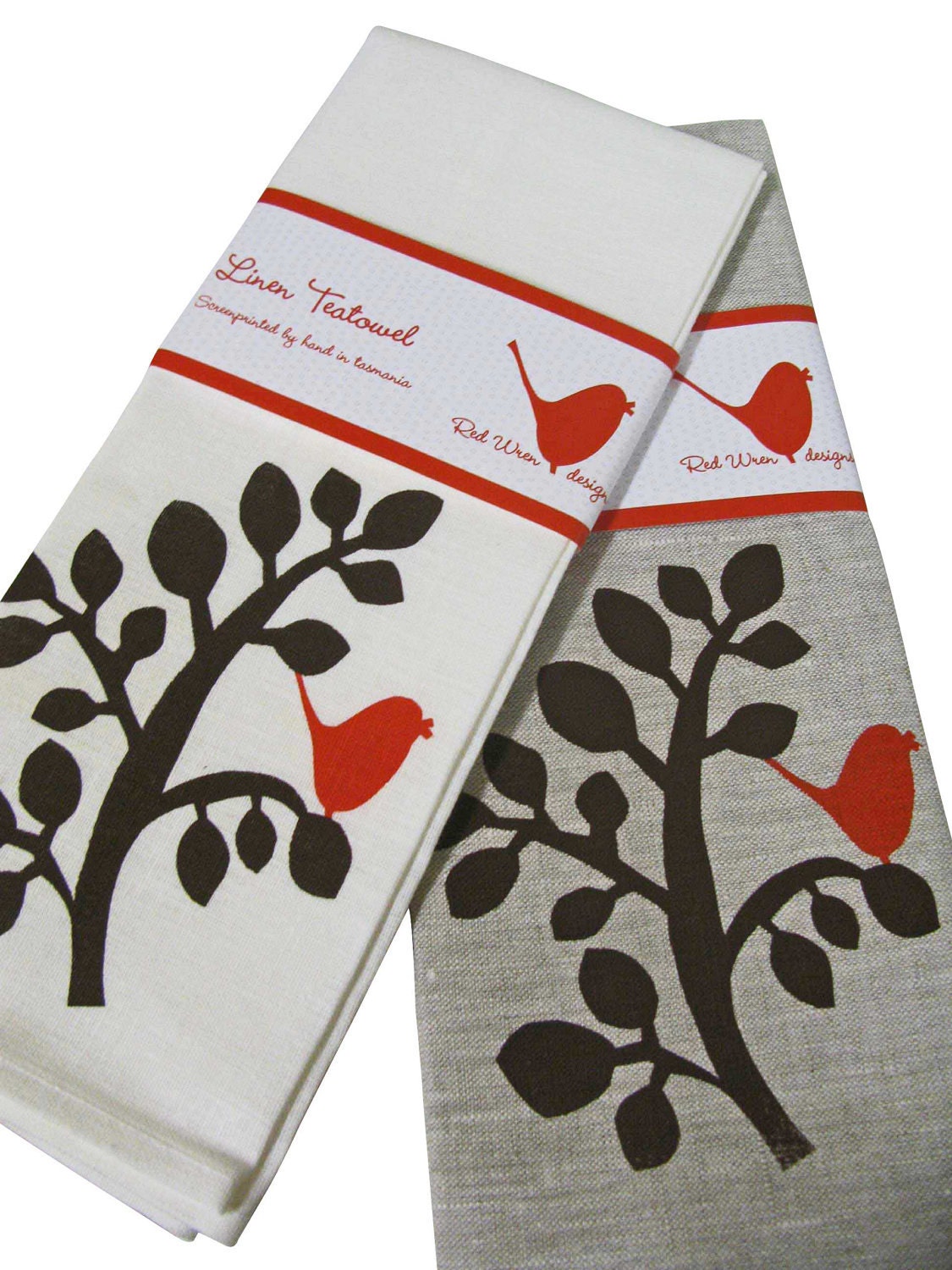 Red Wren in Chocolate Tree Linen Tea Towel