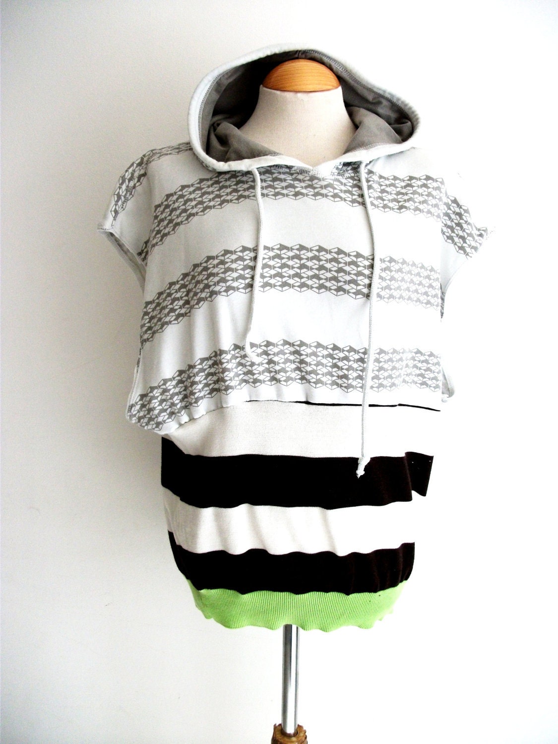 White Grey and Brown Striped Sleeveless Hoodie