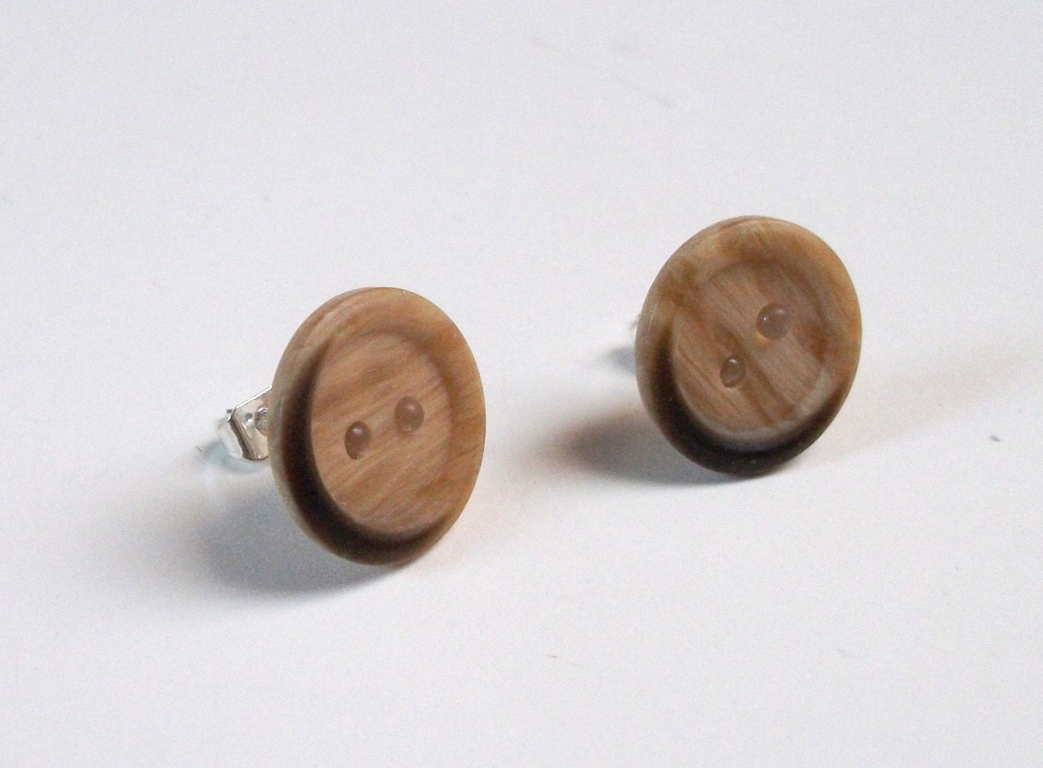 Wooden Style Recycled Medium Button Earrings