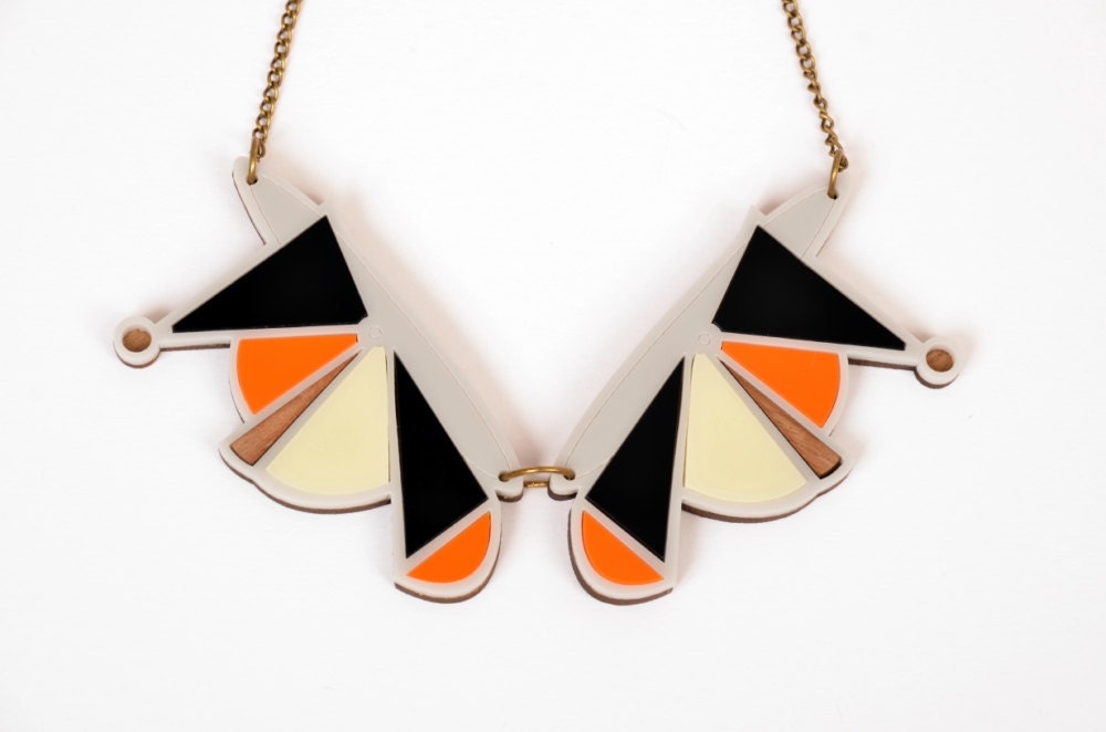 Mixed Media Abstract Collar GEOMETRIC NECKLACE - grey/orange