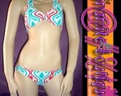 Trippy retro lowrise scrunch bikini S aqua red