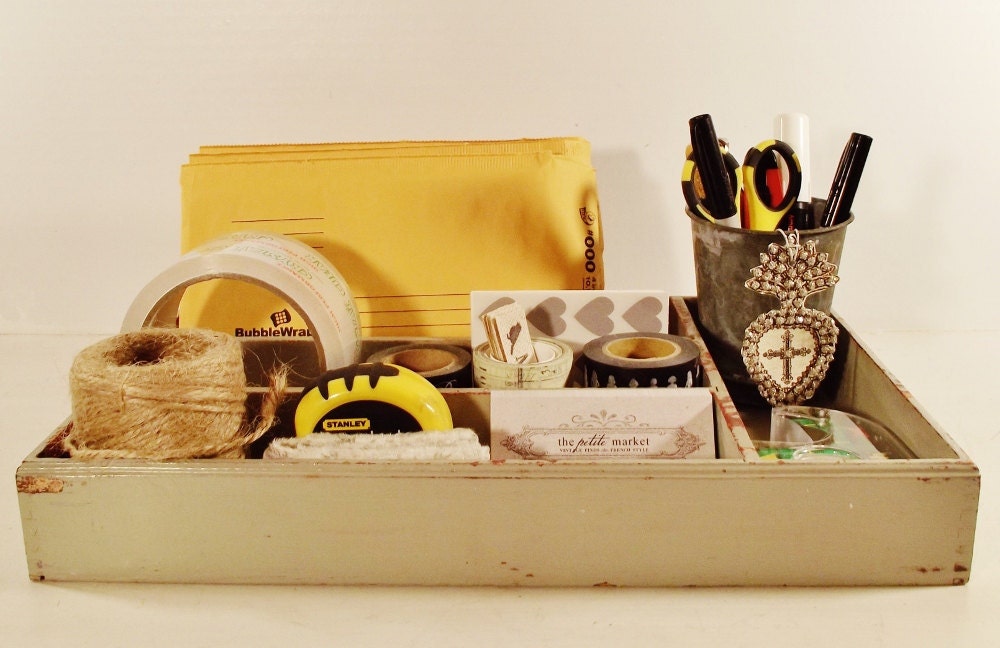 Vintage Wooden Cutlery Tray Desk Organizer with Chippy Gray Paint