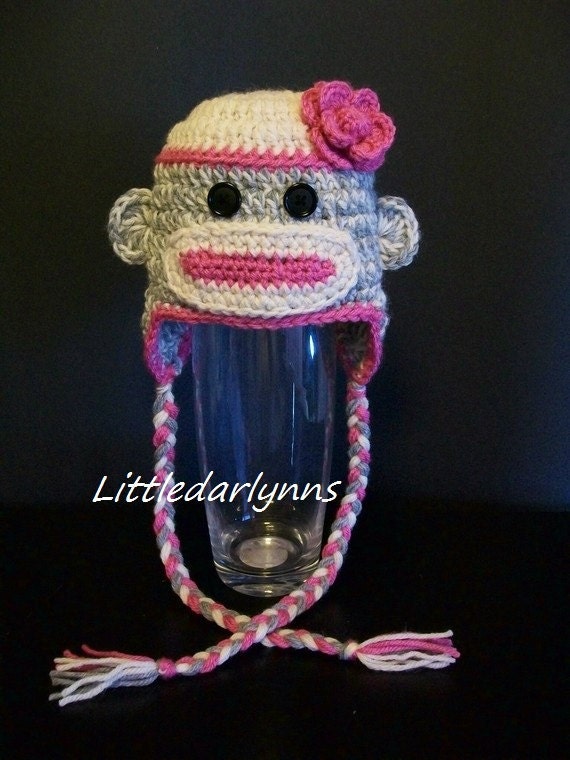 Crochet Sock Monkey Hat -Baby Girl flower sock monkey beanie hat -  6 month size -Pink Gray Monkey Hat Cap - Photo Prop Hat
