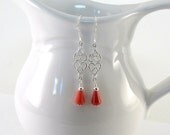 Sterling Coral Earrings Sterling Silver Heart Connector Czech Glass Coral Teardrops Long Elegant Beaded Wire