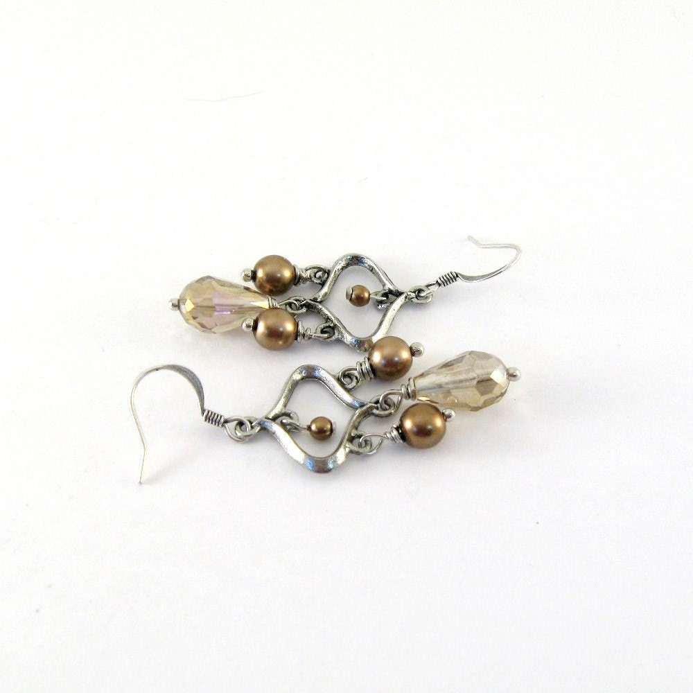 Pearl Chandelier Earrings Silver Bronze Topaz Teardrop Beaded Wire