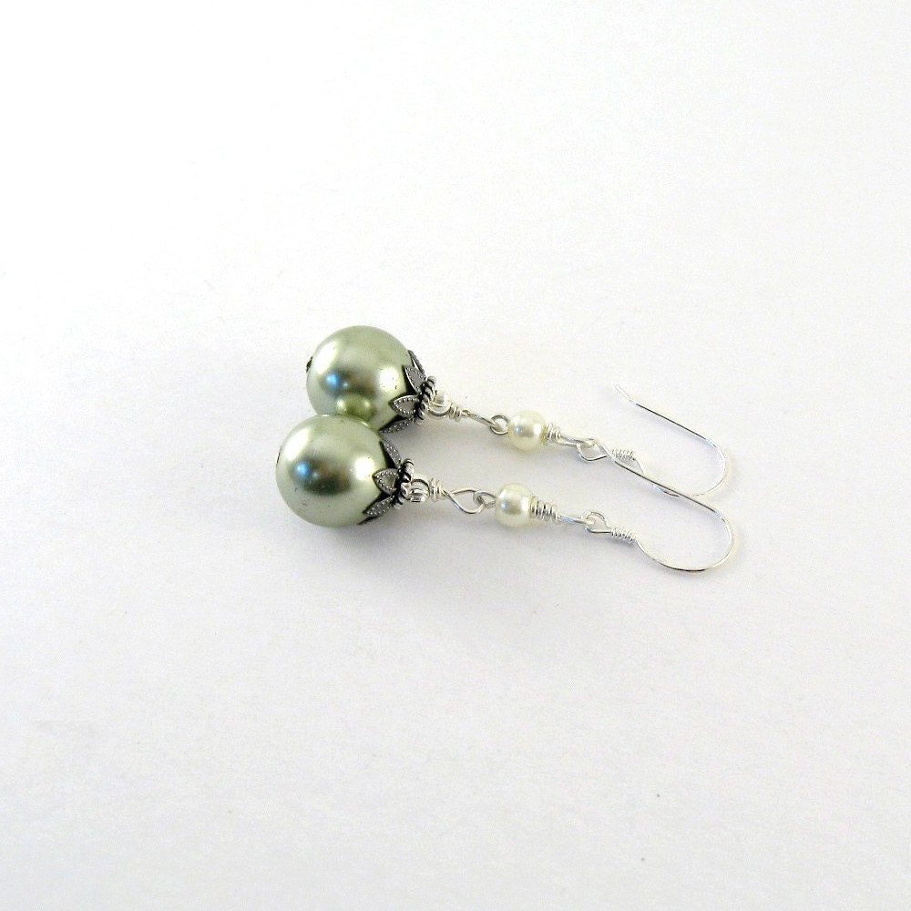 Dusty Green Earrings Glass Pearl Sterling Silver Beaded Wire