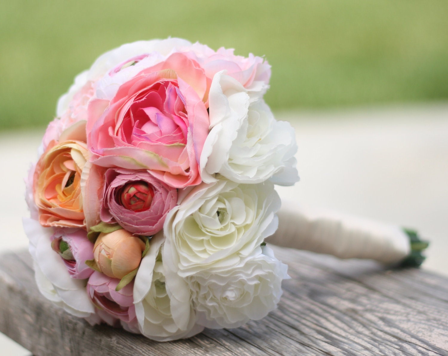 Bride Bouquet Garden Fresh Hand Picked White Cream Pink Roses and Ranunculus