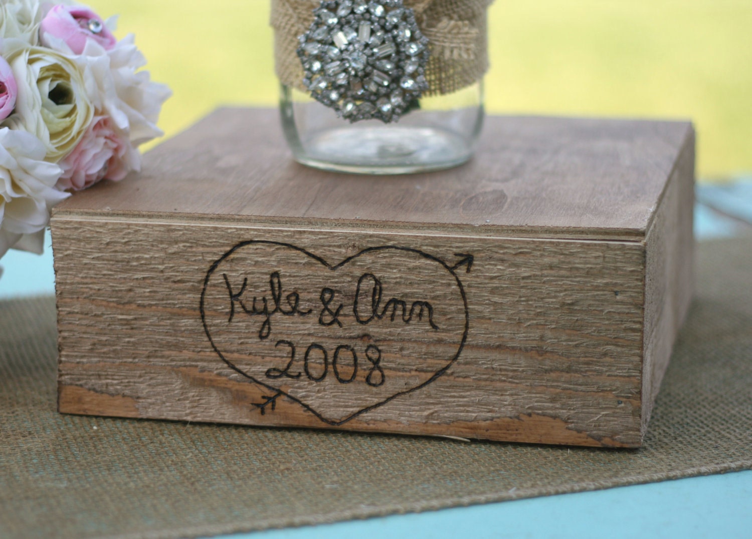 Large 20x20 Engraved Barn Wood Custom Engraved with Your Names Shabby Cake Stand Vintage Inspired Rustic Chic Wedding Decoration