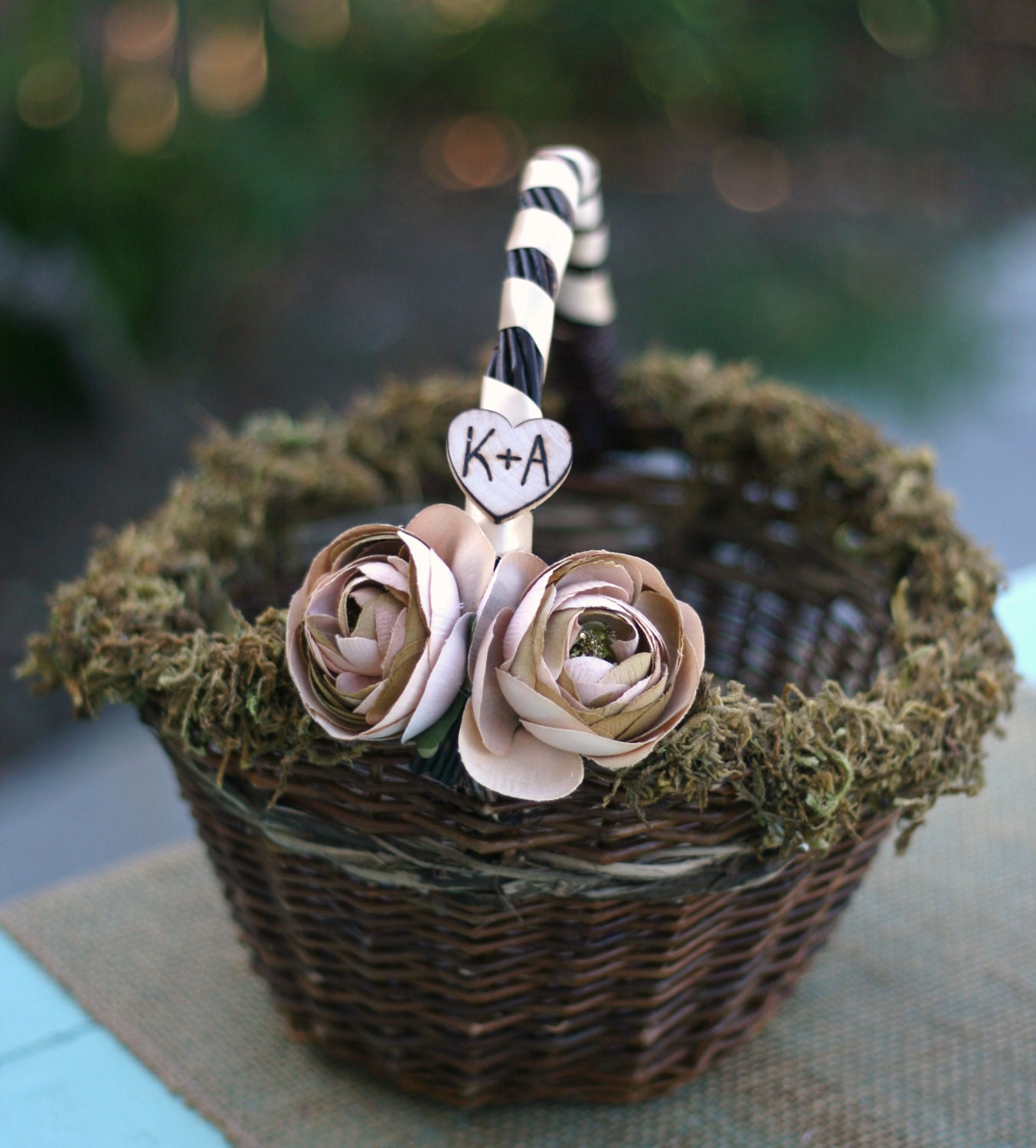 Rustic Chic Flower Girl Basket ranunculus roses moss Natural wood Engraved Heart Vintage Inspired Garden Wedding