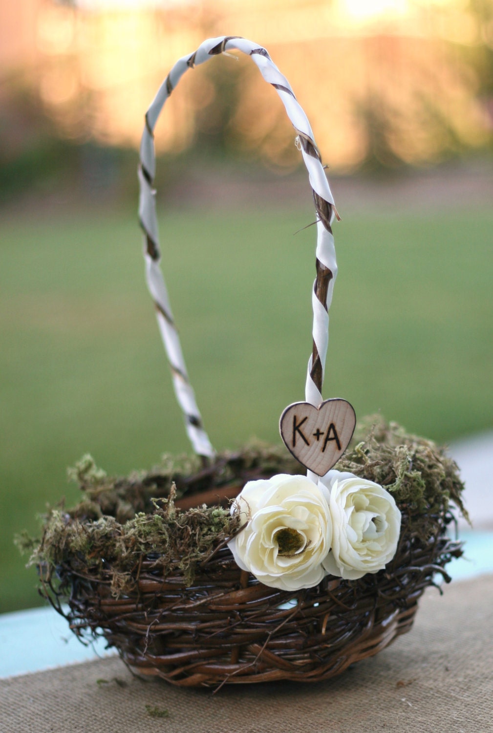 Medium Bird Nest Rustic Chic Flower Girl Basket ranunculus roses moss Natural wood Engraved Heart Vintage Inspired Shabby Wedding