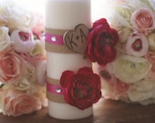 Custom Personalized Rustic Chic Wedding Unity Candle With Engraved Wood Heart Vintage Shabby Inspired Paper Roses Burlap Rhinestones