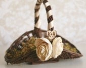 Personalized Rustic Chic Wedding Decor Flower Girl Basket With Engraved Wood Heart Charm Vintage Style Roses Moss Twigs Shabby Sweet