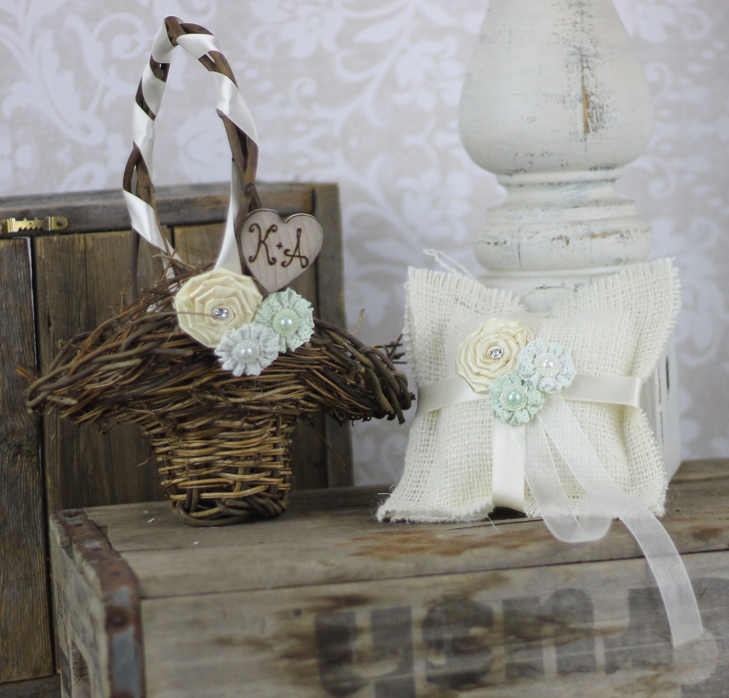 Personalized Ring Bearer Pillow & Basket Set Rustic Chic Wedding Vintage Inspired Decor Burlap and Rosettes